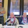 USS Arizona survivors Don Stratton, center, and Lauren Bruner, left, speak in 2014 at Pearl Harbor, Hawaii. Just five USS Arizona survivors of the Pearl Harbor attack, which took place 75 years ago today, are still alive.