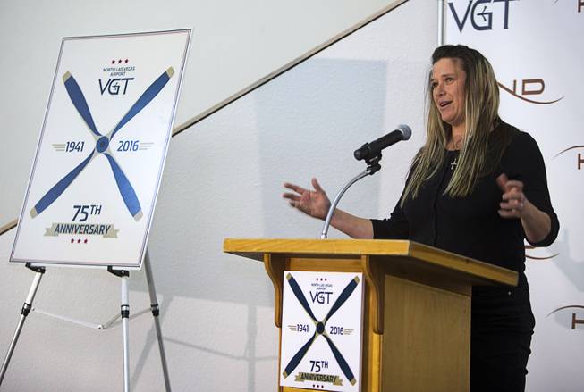 Darcy Wellington, granddaughter of airport founders John and Florence Murphy, speaks during a ceremony celebrating the 75th anniversary of the North Las Vegas Airport Wednesday, Dec. 7, 2016. The airport, originally called Sky Haven Airport when it opened in 1941, will host an aviation open house on Saturday, Dec. 10, from 9 am. to 3 pm.