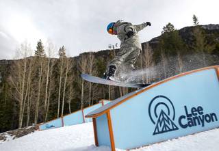 A snowboarder catches air in the Terrain Park at Lee Canyon Wednesday, Dec. 14, 2016.