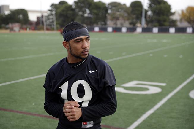 San Diego State's Donnel Pumphrey stands on the field after practice, Wednesday, Dec. 14, 2016, in Las Vegas. San Diego State is set to play Houston Saturday in the Las Vegas Bowl. 