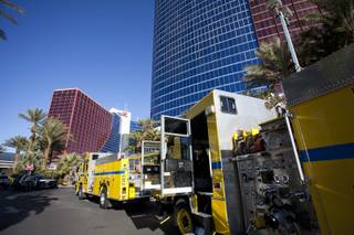 Fire trucks line the front of the Rio Hotel & Casino after reports of smoke coming from the 21st floor of the Masquerade Tower led to guests being evacuated Thursday, Dec. 29, 2016.