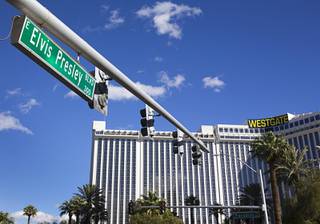 The street sign for Elvis Presley Boulevard is shown at Paradise Road Wednesday, Jan. 11, 2017. Elvis Presley Boulevard, formerly Riviera Boulevard, is four-tenths of a mile and runs from the Las Vegas Strip to Paradise Road.