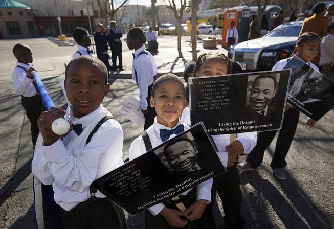 Boys in Bowties from Wendell Williams Elementary School wait for the start of the 35th annual Dr. Martin Luther King Jr. Day Parade in downtown Las Vegas Monday, Jan. 16, 2017. MGM Resorts International was the presenting sponsor.