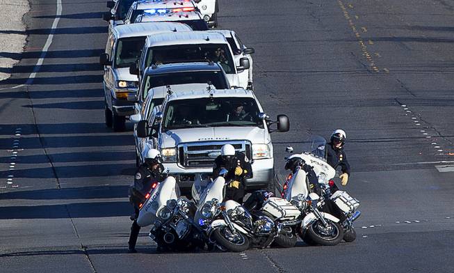Henderson Police motorcycle officers get tangled up in the back of a procession as they leave Central Christian Church after a memorial service for North Las Vegas Police Detective Chad Parque, 32, in Henderson Tuesday, Jan. 17, 2017. Parque died from injuries sustained in a Jan. 6 head-on collision while on duty.