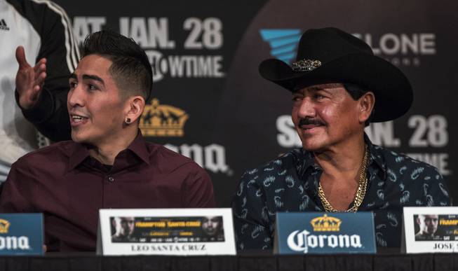 Boxer Leo Santa Cruz and his father-trainer, Jose, enjoy the fight presser at MGM Grand on Thursday, Jan. 26, 2017.