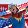 Mikaela Shiffrin, of the United States, celebrates her gold medal in the women's slalom Saturday, Feb. 18, 2017, at the alpine skiing World Championships in St. Moritz, Switzerland.