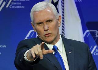 Vice President Mike Pence speaks at the Republican Jewish Coalition annual leadership meeting, Friday, Feb. 24, 2017, in Las Vegas. (AP Photo/John Locher)