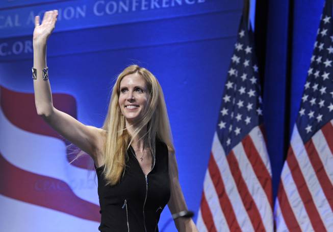 In this Feb. 12, 2011, file photo, Ann Coulter waves to the audience after speaking at the Conservative Political Action Conference (CPAC) in Washington.