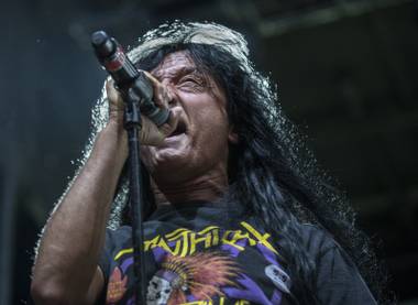 Anthrax lead singer Joey Belladonna performs with the band during Las Rageous, a two-day music festival taking over the Downtown Las Vegas Events Center on Friday, April 21, 2017.