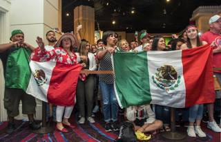 Fans sing and dance as they wait to enter the official weigh-in event for the Canelo Alvarez versus Julio Cesar Chavez Jr. at the MGM Grand Garden Arena on Friday, May 5, 2017.