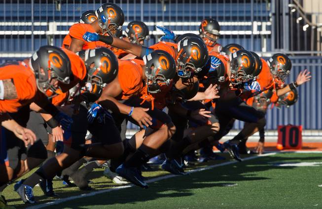 Bishop Gorman players run sprints as they warm up to meet Cocoa in their game on Friday, Sept. 2, 2016..at the Sun Standout Awards. Bishop Gorman HS football is a Team of the Year Finalist at the Sun Standout Awards.
