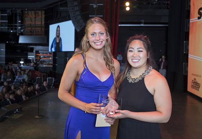 Swimmer Abby Richter, left, accepts the award for 2017 Female Athlete of the Year from Kaitlyn Matsubara of Findlay Toyota during the second annual Las Vegas Sun Standout Awards, an award show recognizing local high school athletes, at the South Point Wednesday, May 24, 2017. Findlay is one of the sponsors of the event.