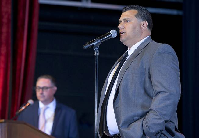 Basic High School football coach Tico Rodriguez speaks after being named Coach of the Year during the second annual Las Vegas Sun Standout Awards, an award show recognizing local high school athletes, at the South Point Wednesday, May 24, 2017.