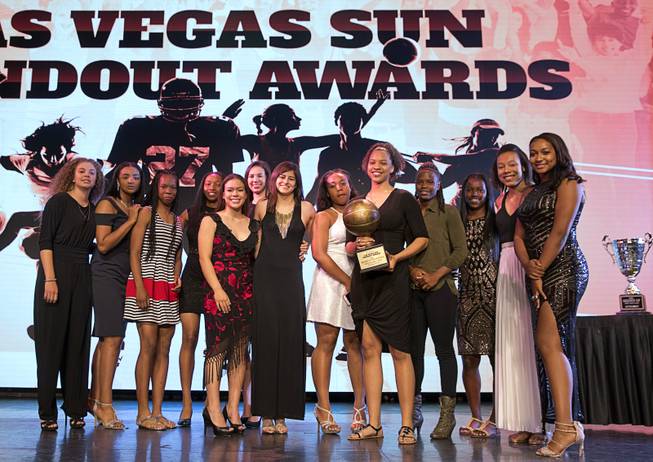 The Centennial High girls basketball team poses onstage with their Sun Standout Award of Excellence during the second annual Las Vegas Sun Standout Awards, an award show recognizing local high school athletes, at the South Point Wednesday, May 24, 2017. The team finished with a 31-1 record and No. 2 national ranking.