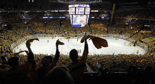 Nashville Predators fans cheer in the final moments of the third period in Game 4 of the Stanley Cup Finals against the Pittsburgh Penguins on Monday, June 5, 2017, in Nashville, Tenn. The Predators won, 4-1, to tie the series, 2-2.
