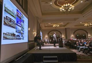 Design architect David Manica speaks during a stadium meeting for contractors and suppliers in a ballroom at Green Valley Ranch in Henderson Thursday, June 15, 2017. Mortenson Construction and McCarthy Construction, the two companies combining to build the Raiders stadium, hosted the meeting.