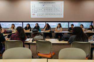 Students participate during a class taught by Leila Pazargadi at the Liberal Arts & Sciences Building at Nevada State College in Las Vegas, Nev. on July 11, 2017.  The class is part of a summer bridge program aimed to assist first-generation college students prep & become aware resources available throughout there education.