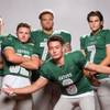 Members of the Green Valley High School football team, from left, Chas Kopp, Braxton Harms, Eric Brown, Christian Mayberry, and AJ Barilla pose for a portrait at the Las Vegas Sun's high school football media day August 2, 2017, at the South Point.