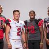 Members of the Las Vegas High School football team, from left, Zion Edward, Jake Bowden, Elijah Hicks and Zach Matlock pose for a portrait at the Las Vegas Sun's high school football media day August 2, 2017, at the South Point.