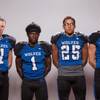 Members of the Basic High School football team, from left, Cole Matoon, Cristian Scales, Jordan Gallegos and Zach Grismanouskas pose for a portrait at the Las Vegas Sun's high school football media day August 2, 2017, at the South Point.
