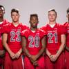 Members of the Arbor View High School football team, from left, Elijah Wade, Deago Stubbs, Jaquari Hannie, Greg Welchman and Isaiah Herron pose for a portrait at the Las Vegas Sun's high school football media day August 2, 2017, at the South Point.
