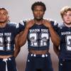 Members of the Shadow Ridge High School football team, from left, Kaejin Smith, Aubrey Nellems and Chase Harlaher pose for a portrait at the Las Vegas Sun's high school football media day August 2, 2017, at the South Point.