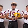 Members of the Eldorado High School football team, from left, Jaime Rangel, Uriel Garci-Fierro and Brian Soto pose for a portrait at the Las Vegas Sun's high school football media day August 2, 2017, at the South Point.