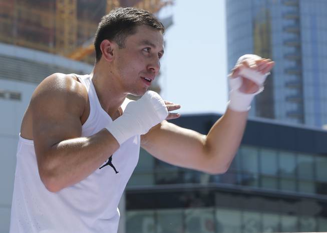 Boxer Gennady "GGG" Golovkin hosts an open-to-the-public media workout at L.A. LIVE in Los Angeles on Monday, Aug. 28, 2017. 