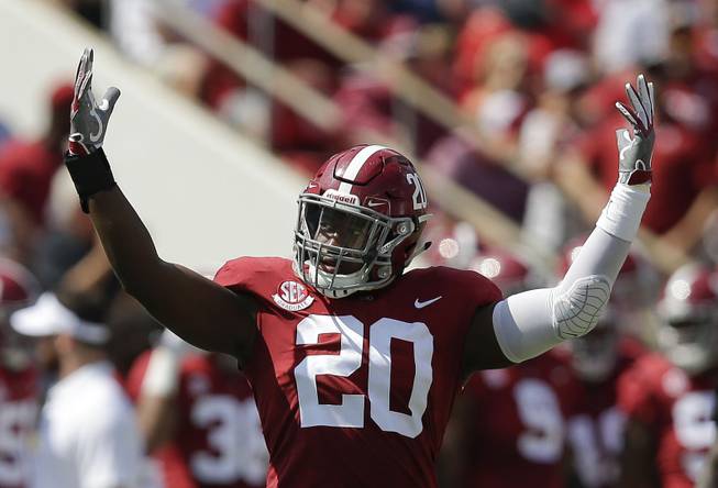 Alabama linebacker Shaun Dion Hamilton hypes up the crowd before the game against Fresno State in the first half of an NCAA college football game, Saturday, Sept. 9, 2017, in Tuscaloosa, Ala. 