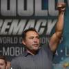 Former champion and Chairman and CEO of Golden Boy Productions Oscar De La Hoya salutes the crowd during the weigh in for the Canelo vs. Golovkin fight card Friday, September 15, 2017, at the MGM Grand Garden Arena.