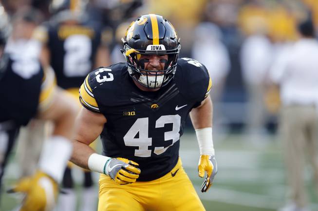 In this Saturday, Sept. 23, 2017, file photo, Iowa linebacker Josey Jewell warms up before an NCAA college football game against Penn State in Iowa City, Iowa. Jewell has saved his best football for his last season, earning two of the Big Ten's four defensive player of the week honors handed out so far.