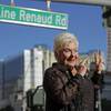 French singer, actress and activist Line Renaud reacts as a street sign bearing her name is unveiled Thursday, Sept. 28, 2017, in Las Vegas. Caesars Palace honored the legendary French performer on Thursday with a street sign designating a private lane at the hotel-casino as Line Renaud Road. 