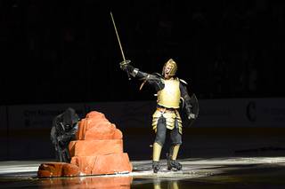 A sword is pulled from a stone as part of the Vegas Golden Knights pregame before taking on the St. Louis Saturday, October 21, 2017, at T-Mobile Arena in Las Vegas. The Knights won the game 3-2 in overtime.