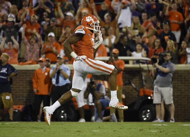 Clemson defensive end Austin Bryant (7) celebrates after a play against Auburn during the second half of an NCAA college football game, Saturday, Sept. 9, 2017, in Clemson, S.C. Clemson won 14-6. 