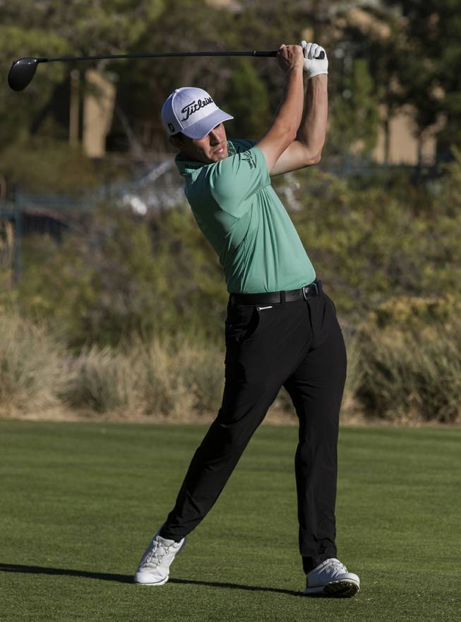 Patrick Cantlay tees off on the fifteenth hole during the final round of the Shriners Hospitals for Children Open golf tournament from TPC Summerlin Sunday, Nov 5, 2017, in Las Vegas.