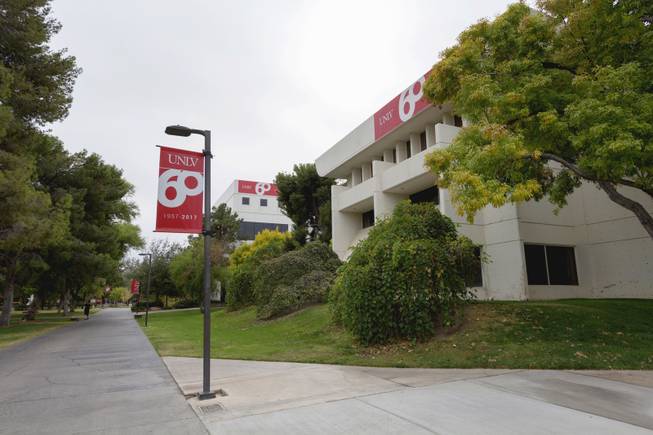 Banners displayed across the UNLV campus celebrate its 60th birthday, Sunday, Nov. 12, 2017.