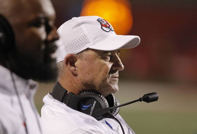 Fresno State's coach Jeff Tedford looks on during a route of Nevada in the second half of an NCAA college football game in Fresno, Calif., Saturday, Sept. 30, 2017. (AP Photo/Gary Kazanjian)