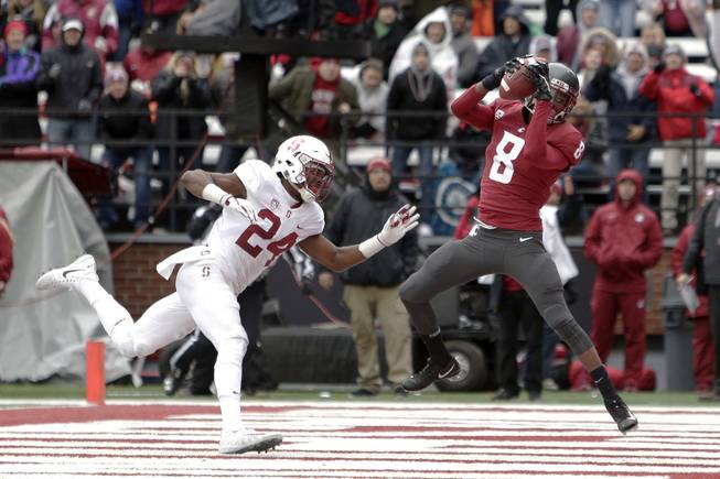 Washington State wide receiver Tavares Martin Jr. (8) catches a touchdown pass while defended by Stanford cornerback Quenton Meeks (24) during the first half of an NCAA college football game in Pullman, Wash., Saturday, Nov. 4, 2017. (AP Photo/Young Kwak)