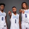 Players of the Desert Pines High basketball team, from left, AJ Pullens, Tye Moore and Lorenzo Brown, take a portrait during the Las Vegas Sun's Media Day at the South Point on Nov. 14, 2017.