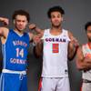 Players of the Bishop Gorman High basketball team, from left, Saxton Howard, Jamal Bey and DJ Howe, take a portrait during the Las Vegas Sun's Media Day at the South Point on Nov. 14, 2017.