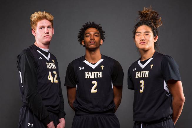 Players of the Faith Lutheran High basketball team, from left, Elijah Kothe, Jaylen Fox and Josh Hong, take a portrait during the Las Vegas Sun's Media Day at the South Point on Nov. 14, 2017.
