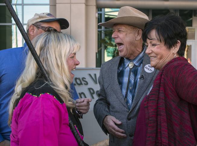 Cliven Bundy shares a laugh with others there for his press conference in front of Metro Police Headquarters on Wednesday, Jan. 10, 2018.