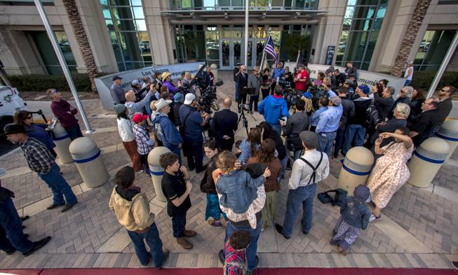 Supporters came from Montana and other places to support Cliven Bundy as he holds a press conference in front of Metro Police Headquarters on Wednesday, Jan. 10, 2018.