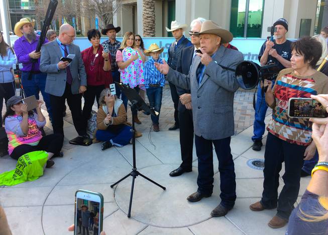 Cliven Bundy, the Bunkerville rancher accused of leading an armed standoff to prevent federal agents from rounding up his cattle in 2014, holds a news conference in front of Metro Police headquarters on Wednesday, Jan. 10, 2018, after a judge on Monday dismissed all charges against him.