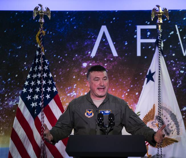 Dave Harden as Chief Architect of AFWERX Vegas speaks about the new military enterprise before the arrival of Vice President Mike Pence on Thursday, Jan. 11, 2018.