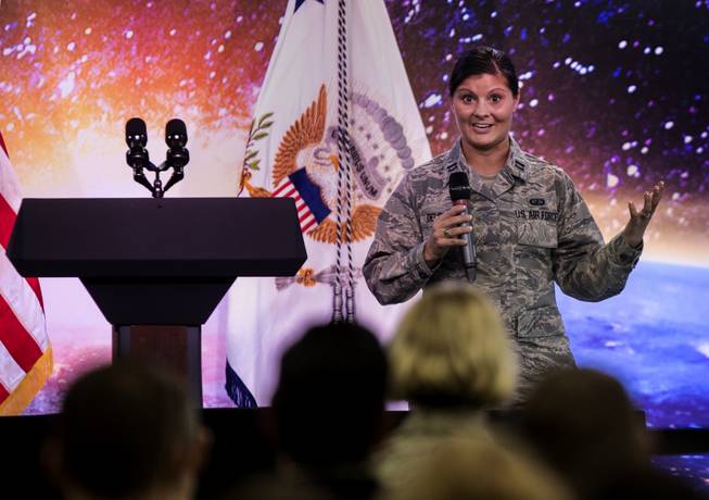 Capt. K. Austin DeLorme talks about the mission of AFWERX Vegas while describing the new military enterprise before the arrival of Vice President Mike Pence on Thursday, Jan. 11, 2018.