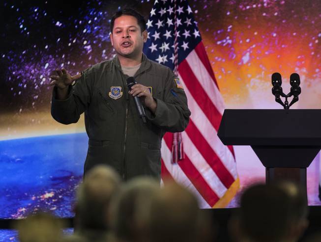 Major Tony Perez talks about the mission of AFWERX Vegas while describing the new military enterprise before the arrival of Vice President Mike Pence on Thursday, Jan. 11, 2018.