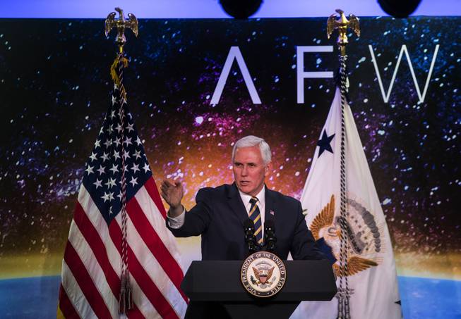 Vice President Mike Pence thanks Secretary of the Air Force Heather Wilson joined by Senator Dean Heller on hand to deliver remarks at the grand opening of AFWERX Vegas on Thursday, Jan. 11, 2018.
