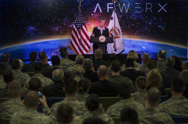 The Secretary of the Air Force Heather Wilson introduces Vice President Mike Pence to deliver remarks at the grand opening of AFWERX Vegas on Thursday, Jan. 11, 2018.