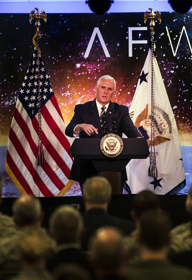 Vice President Mike Pence talks about the commitment of President Trump during the grand opening of AFWERX Vegas on Thursday, Jan. 11, 2018.